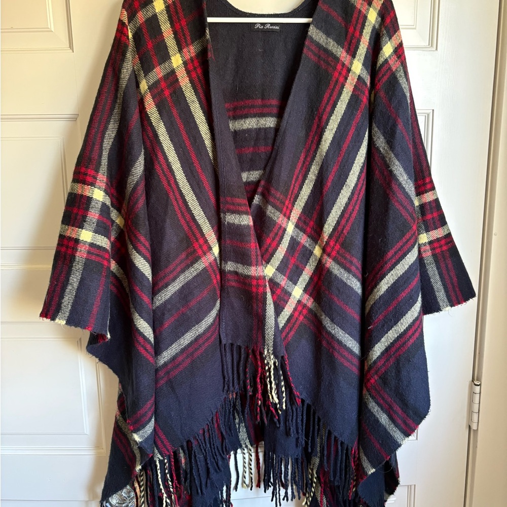 Ireland Plaid Fringe Poncho Cape - Navy, Red & Cream
